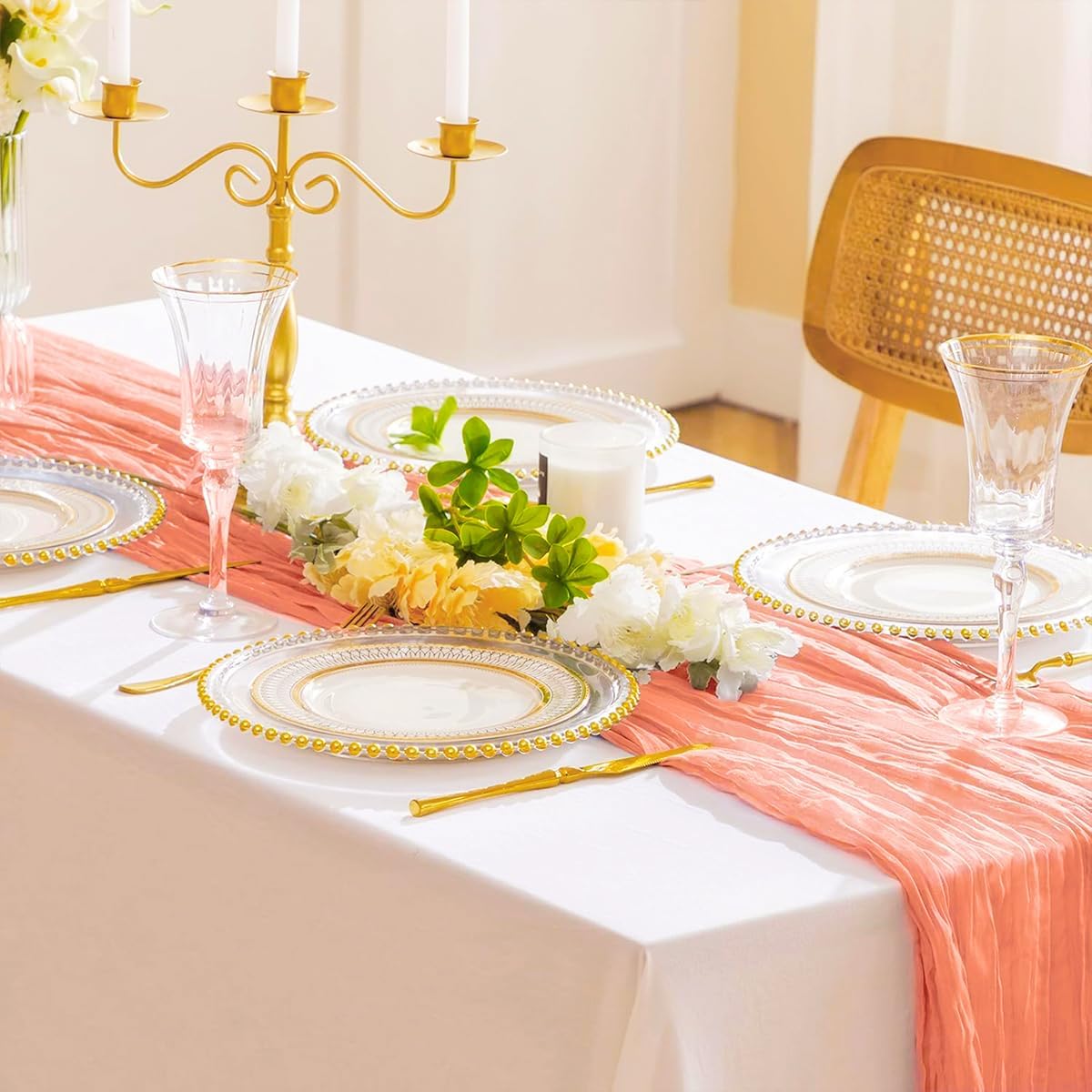 Mothers Day Table-Runner, Coral Peach 120 inch 10FT Cheese Cloth Runner for Wedding Party Baby Shower Birthday Home Decor Holiday Decorations