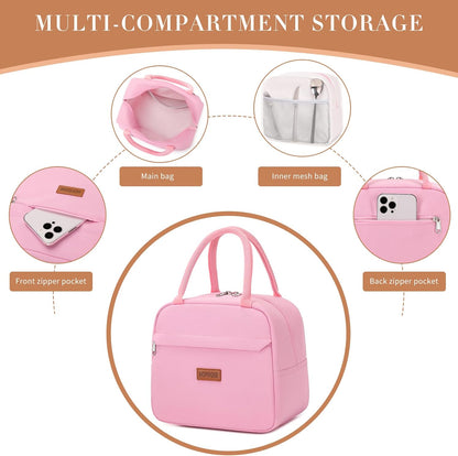 Insulated Lunch Bag for Women Men Adults Lunch Tote with Front Pocket Lunch Box Container Cooler Bag for Work Picnic (Pink)
