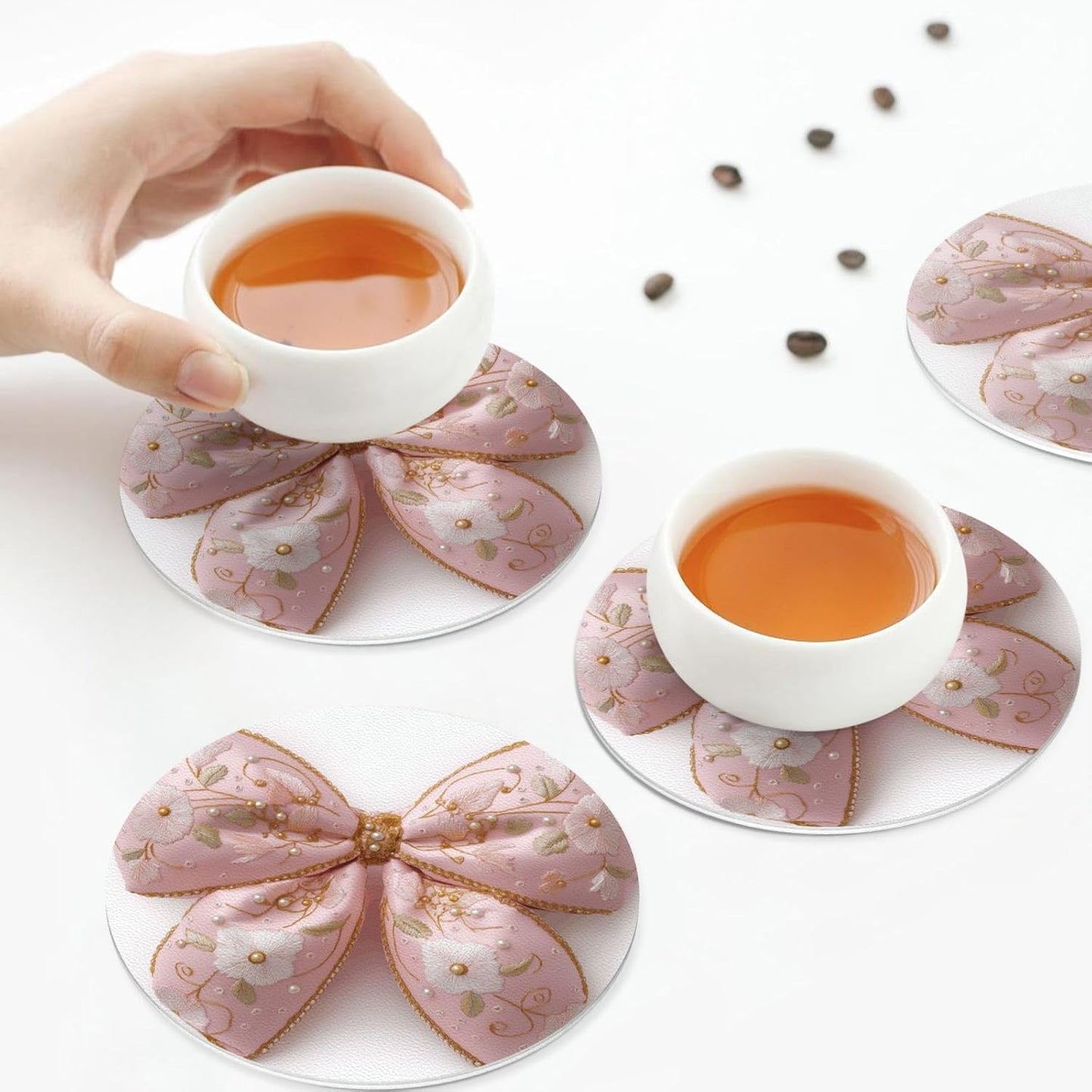 Light Pastel Pink Bow Balloon Embroidered Floral Drinks Coasters Set of 4 Leather Drink Coasters for Tabletop Protection Heat Resistant Bar Cup Mat Pad