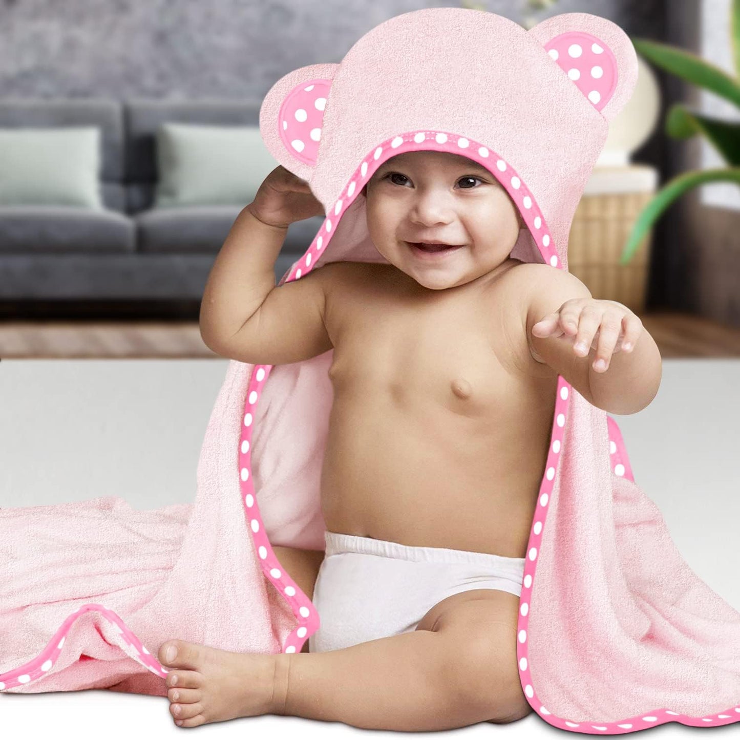 Set of 2 Hooded Baby Towels – White and Pink – Luxurious, Large and Super Absorbent – 30 x 30 Inch – Soft and Suitable for Infants, Toddlers and Kids – 400 GSM
