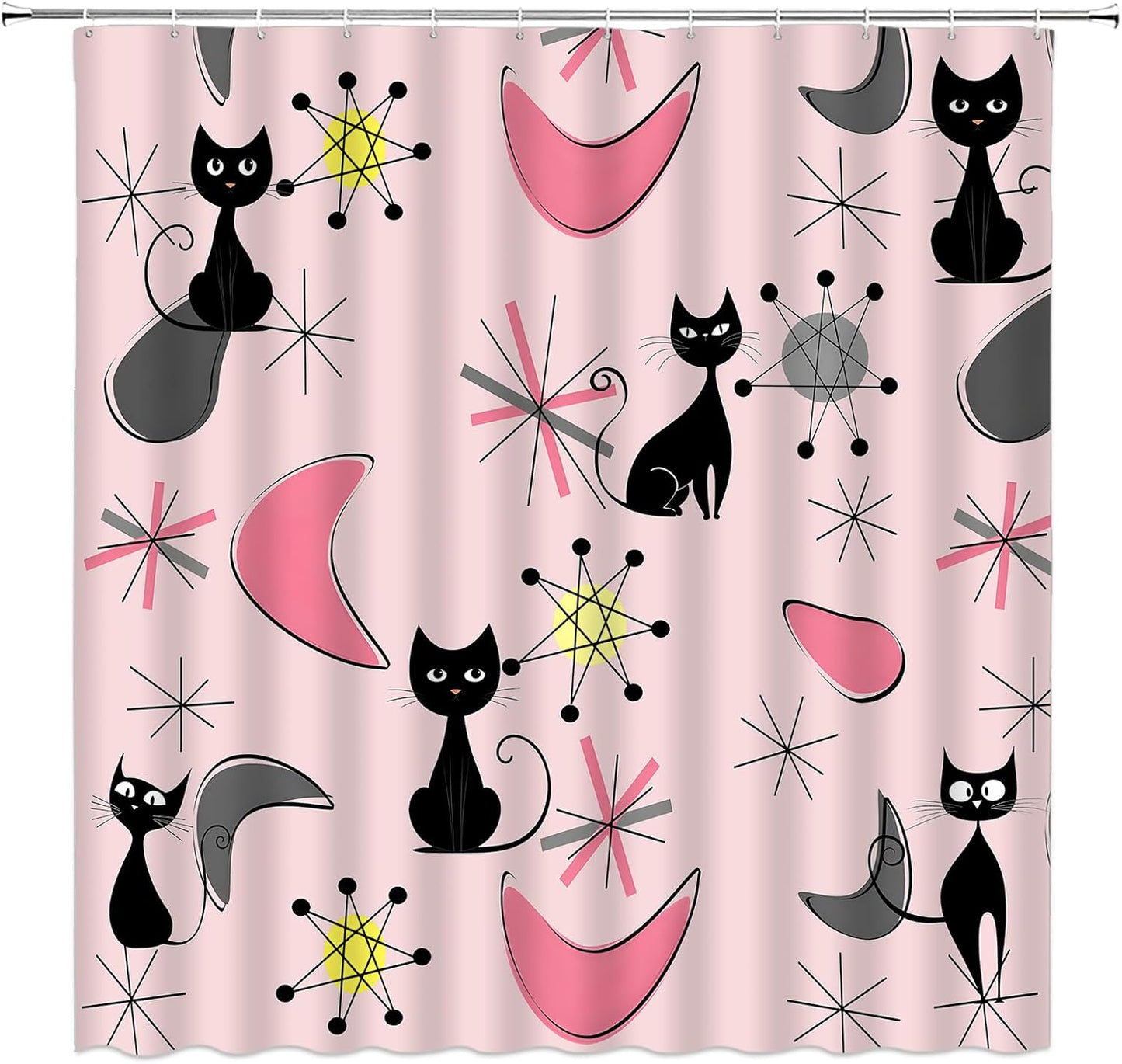 GCTNBJL Mid Century Modern Shower Curtain Pink Gray Abstract Geometric Atomic Cat Funny Retro 70x70(WxH) Inches Bathroom Decor Fabric Curtain with Hooks