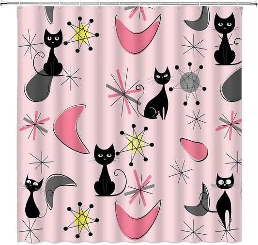 GCTNBJL Mid Century Modern Shower Curtain Pink Gray Abstract Geometric Atomic Cat Funny Retro 70x70(WxH) Inches Bathroom Decor Fabric Curtain with Hooks