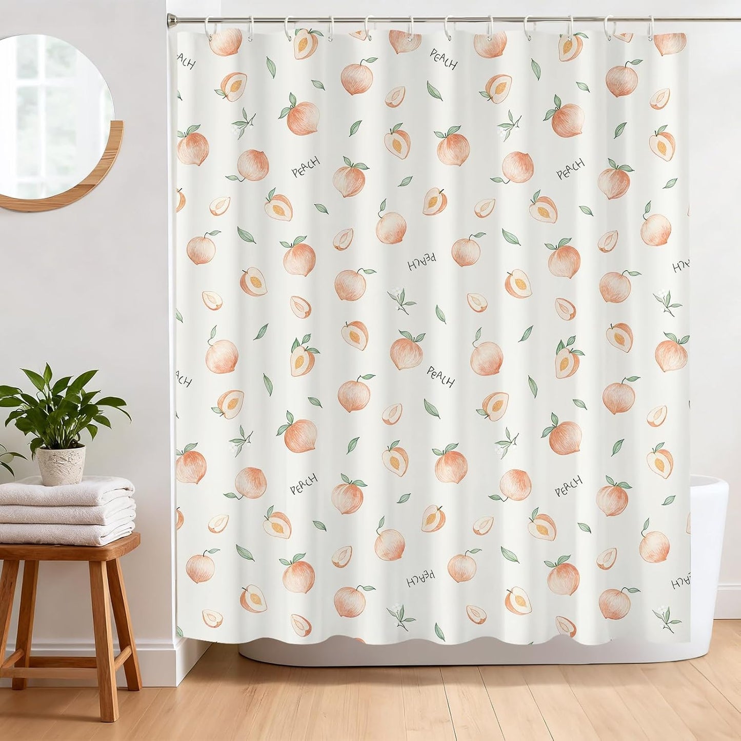 Peach Shower Curtain, Cute Allover Fruits Design 72 x 72 Inch Peachy Pink Waterproof Polyester Fabric Shower Curtain with 12 Hooks