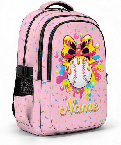 Personalized Baseball Drip Backpack for Kids Teens Custom Bookbag for Girls, Pink Baseball Backpacks for School Travel Hiking