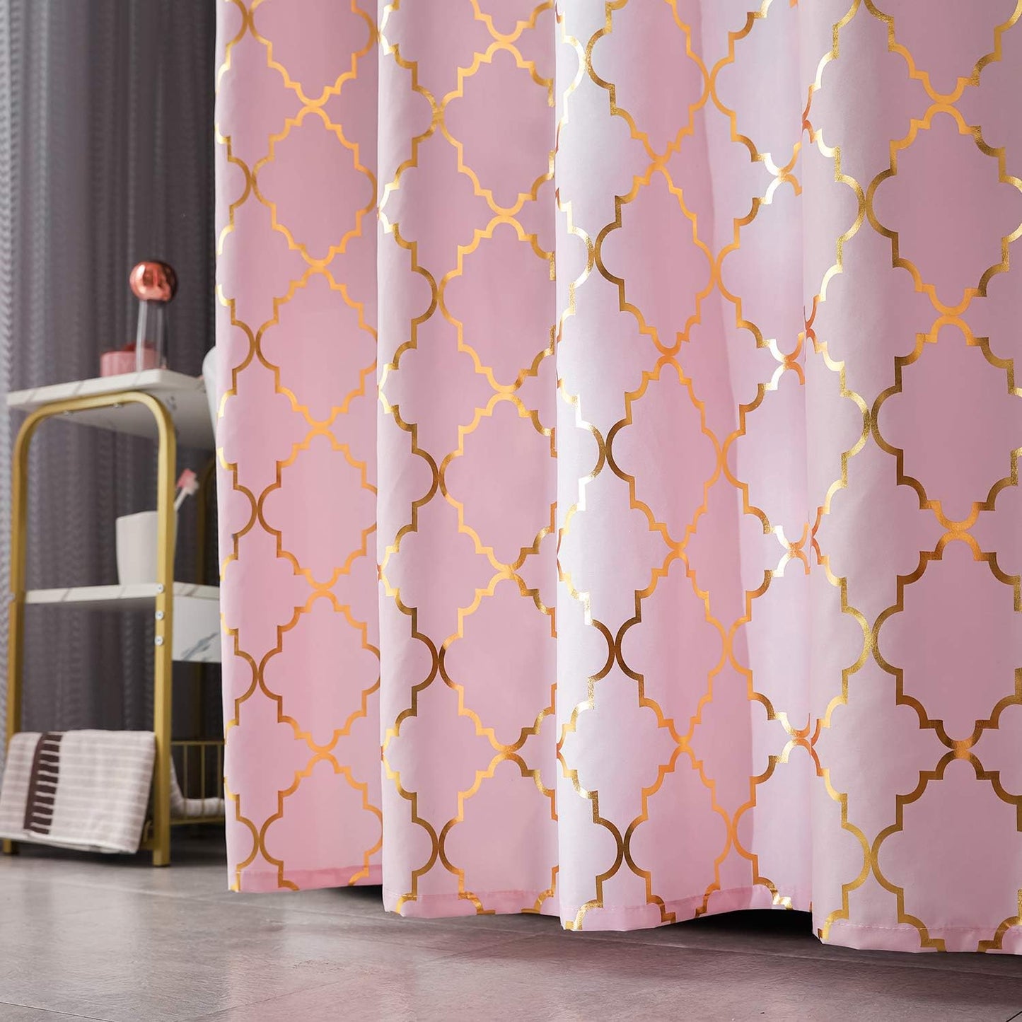 FINECITY Geometric Shower Curtain Set - Metallic Gold Foil Moroccan Lattice Pattern Printed on Soft Fabric Grommet Top Shower Curtain with 12 Hooks, 72 x 72 Inch, Pink and Gold