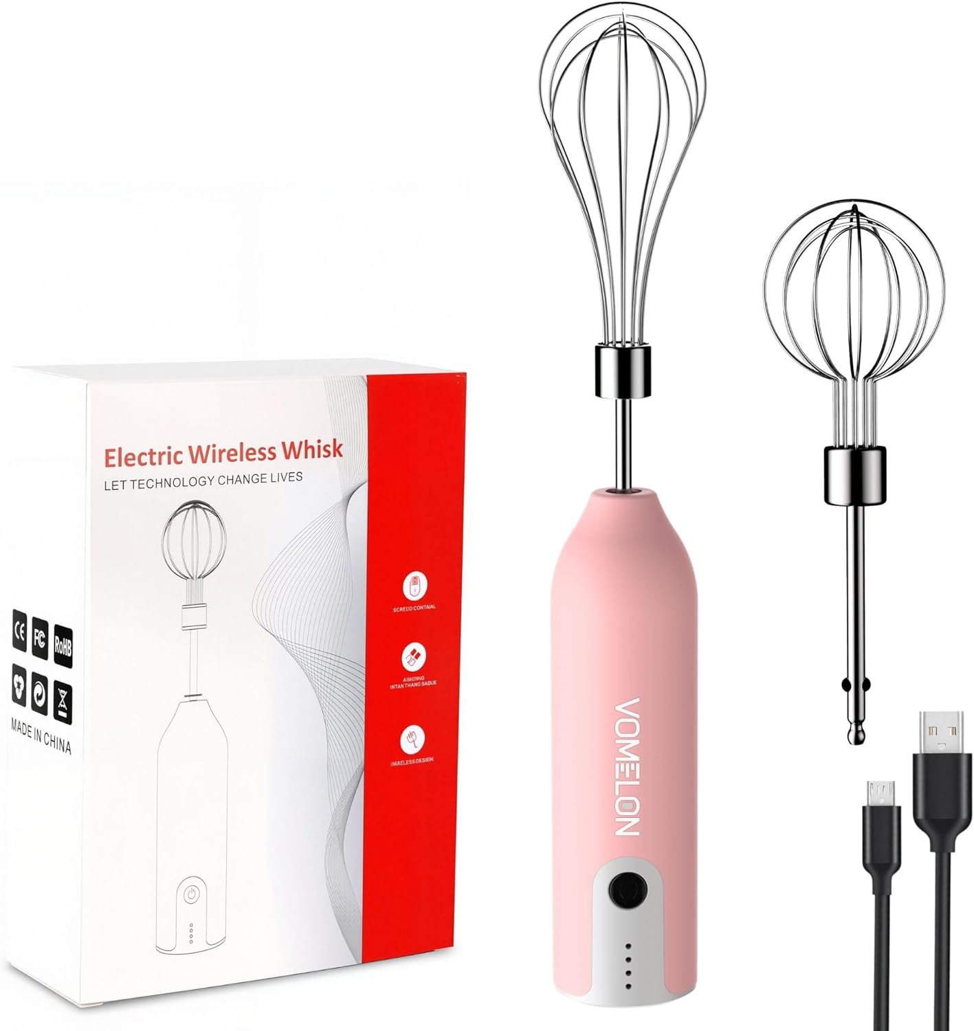 Electric Egg Beater Whisk, USB Charging Mixer, Three-Speed Adjustment, Suitable for Whisking Eggs, Cream, Sauce, Jam Supplements and More, Pink