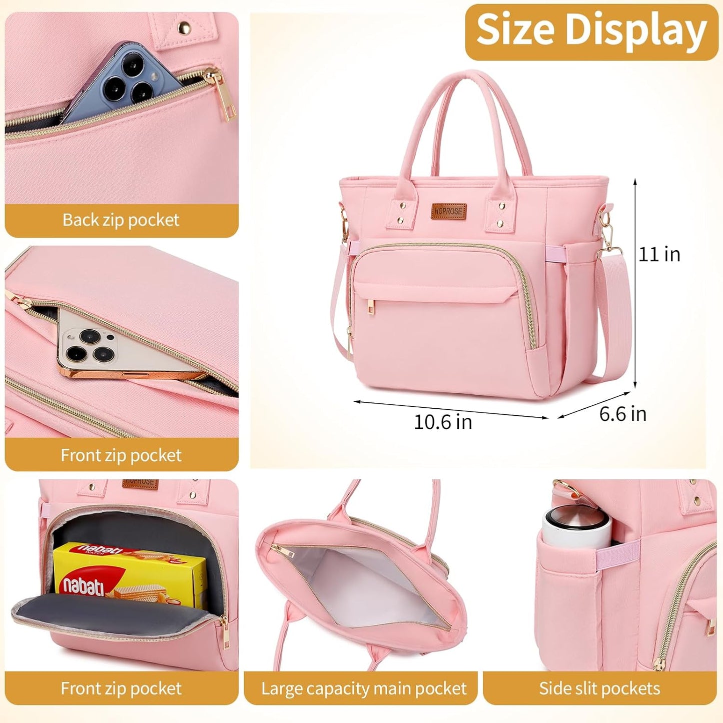 Lunch Bag Lunch Box Women Insulated Cooler Bag for Work, Large Lunchbox for Adult, Leakproof Womens Lunch Tote Bags with Shoulder Strap for Travel, Picnic, Pink