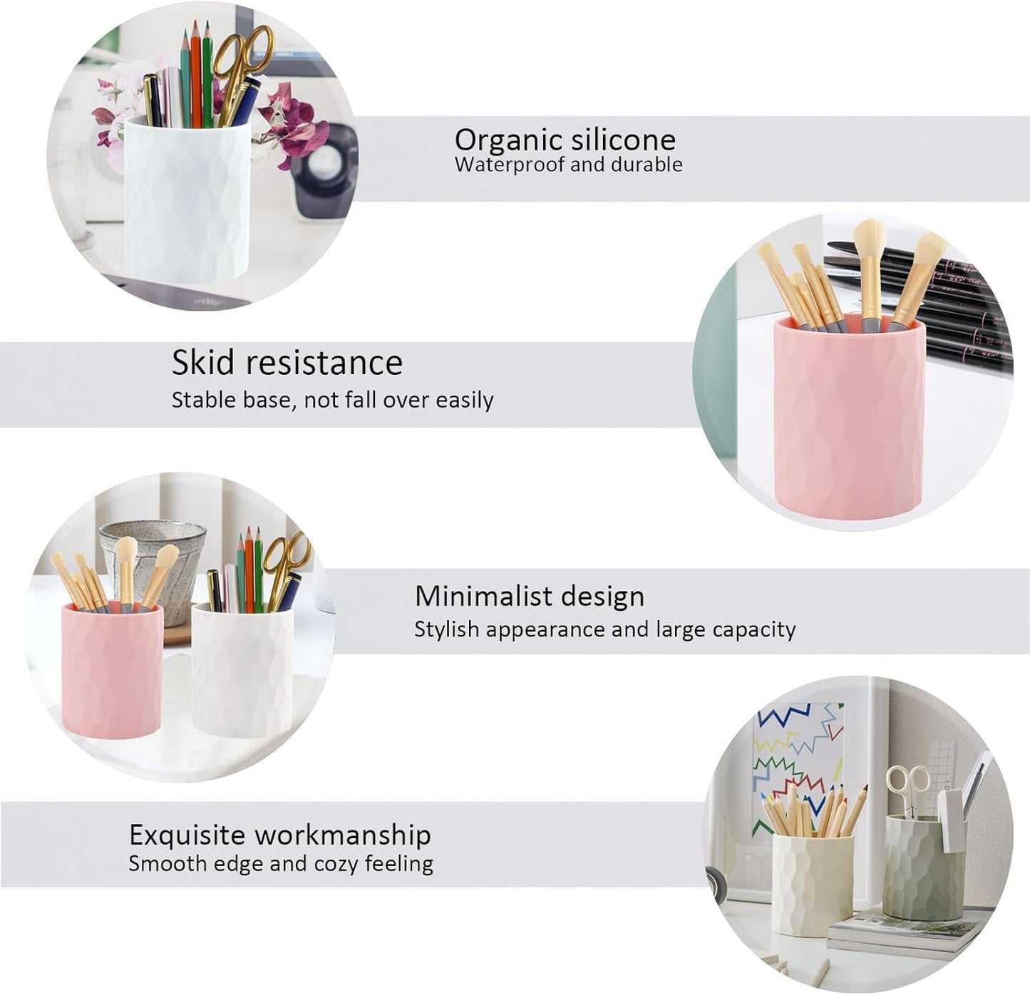 minimaliving Pen Holder,Nordic Style Silicone Waterproof Pencil Holder for Desk Simple&Modern Minimalist Makeup Organizer Multifunctional Office Supplies for Home,Kids and School (Pink)
