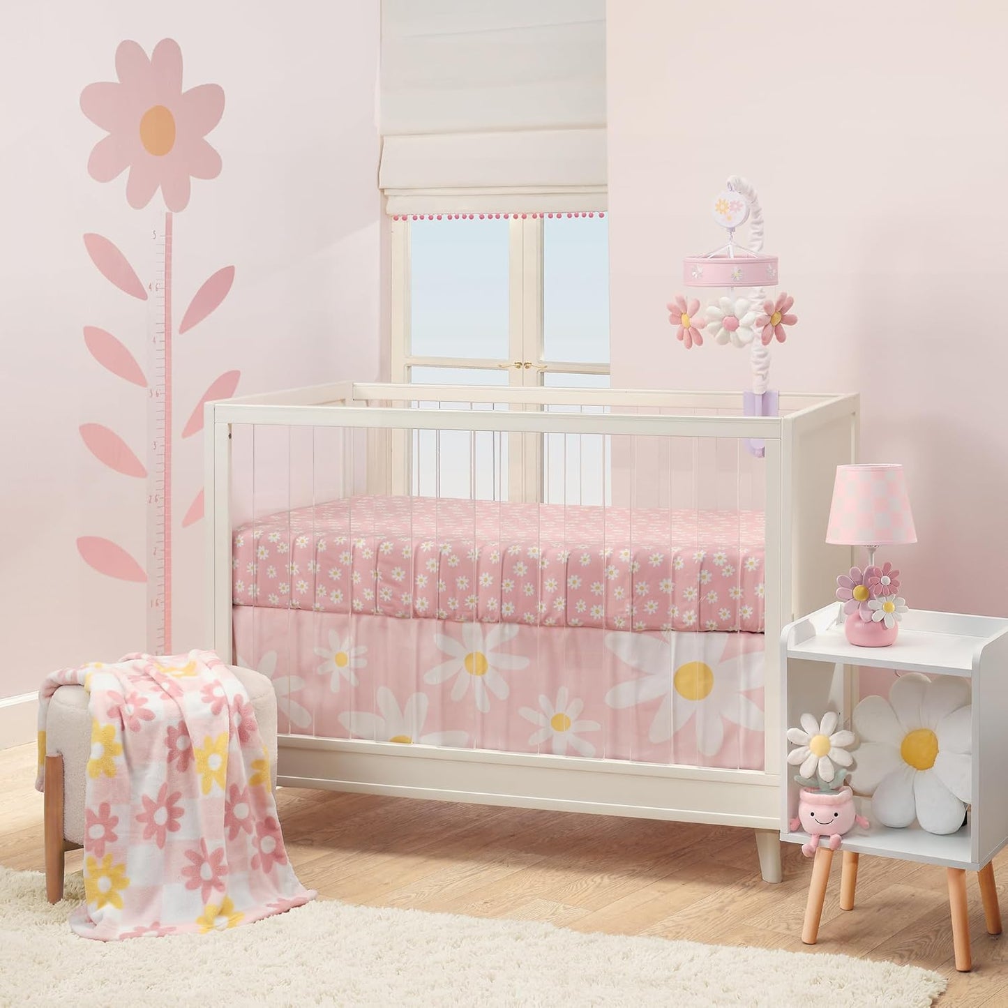 Lambs & Ivy Daisy Dreams Hand-Painted Pink Floral Lamp w/Shade and LED Bulb