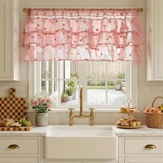 jinchan Ruffled Kitchen Valance Pom-Pom Voile Valance Curtains Sheer Shabby Chic Small Window Treatment for Living Room Bedroom Laundry Rod Pocket 1 Panel 18 Inch Pink