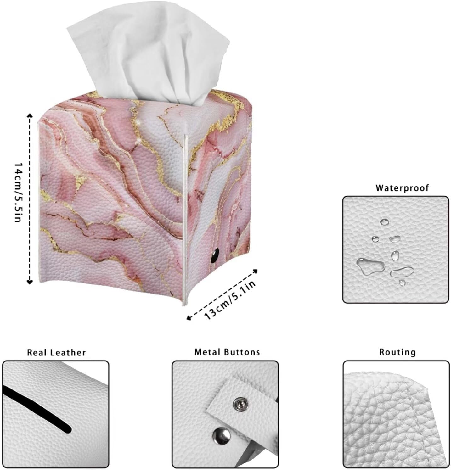 Jeiento Pink Marble Cute Tissue Box Cover Modern Tissue Case Facial Paper Organizers Dispenser 5.1x5.5Inch PU Tissue Boxes for Desk Decor