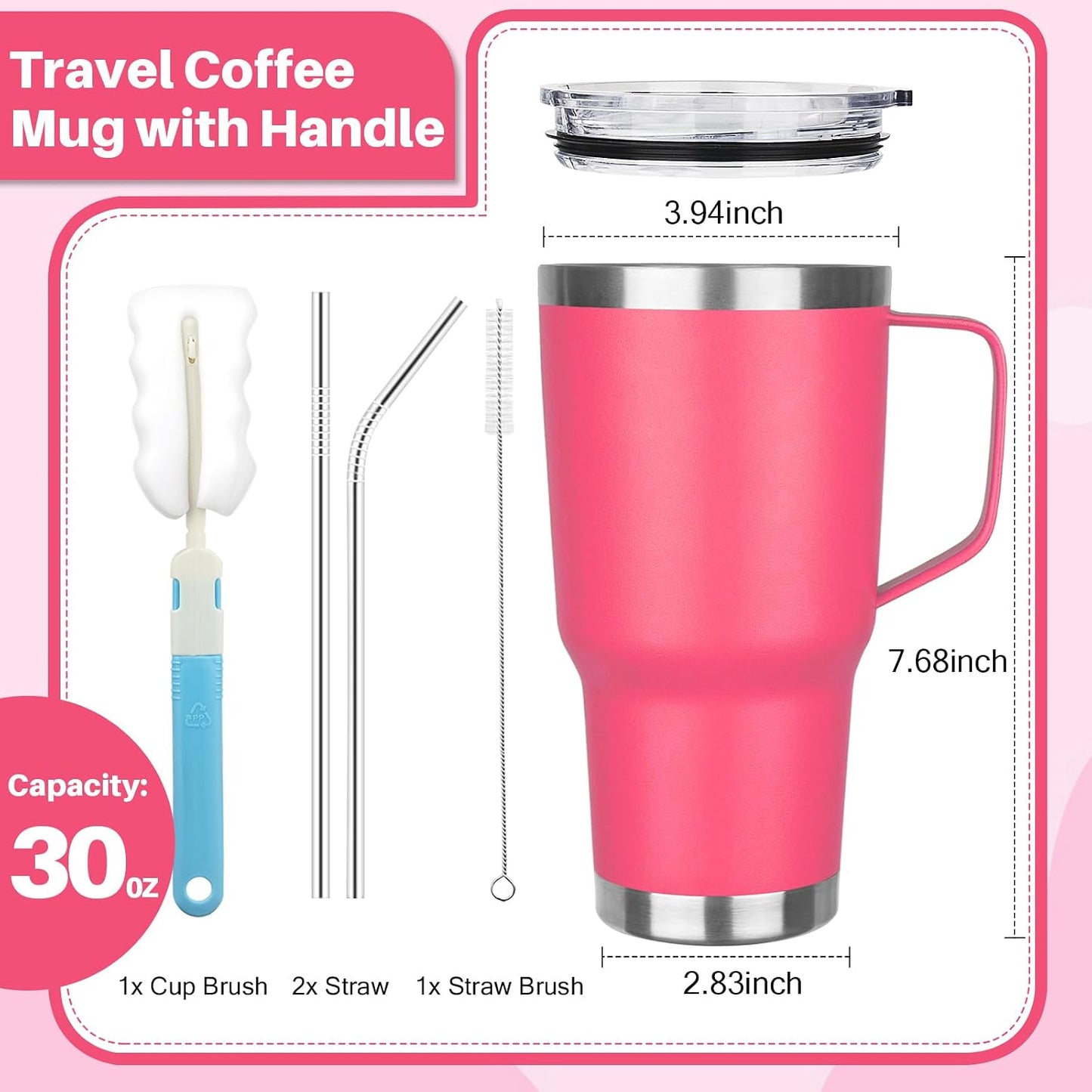30 oz Tumbler with Handle, Stainless Steel Insulated Tumbler with Lid and Straw, Double Wall Vacuum Coffee Mug Tumbler, Insulated Coffee Thermal Cup for Cold and Hot (Peach Pink)