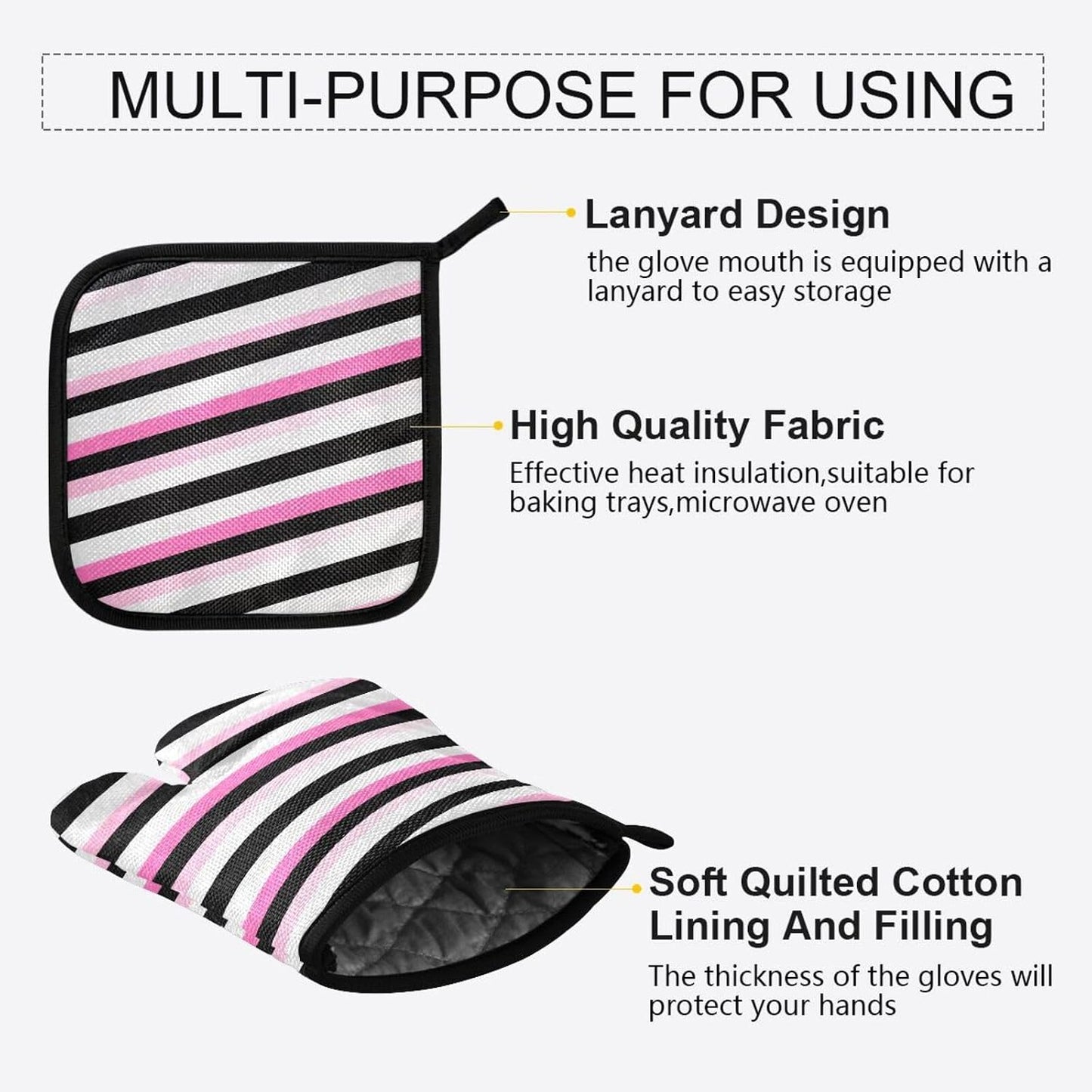 Black Pink and White Stripes Oven Mitts and Pot Holders Set for Cooking Baking Kitchen Decor