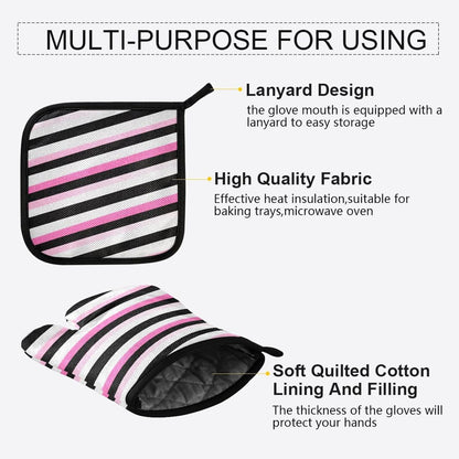 Black Pink and White Stripes Oven Mitts and Pot Holders Set for Cooking Baking Kitchen Decor