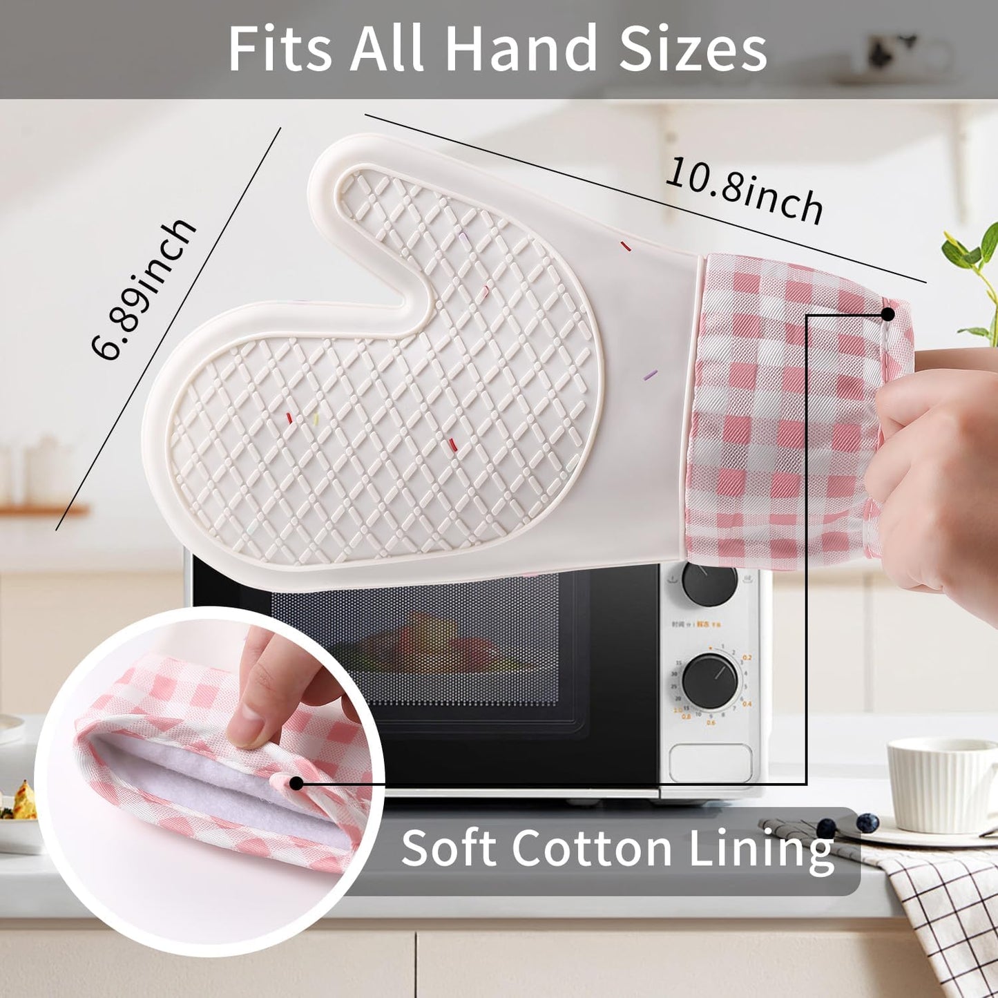 Silicone Oven Mitts, 2PCS Heat Resistant 500°F Oven Gloves with Cotton Lining, Non-Slip Kitchen Mitts for Cooking, Baking, Microwave, Air Fryer, BBQ - Waterproof Pot Holders(Pink)