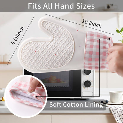 Silicone Oven Mitts, 2PCS Heat Resistant 500°F Oven Gloves with Cotton Lining, Non-Slip Kitchen Mitts for Cooking, Baking, Microwave, Air Fryer, BBQ - Waterproof Pot Holders(Pink)