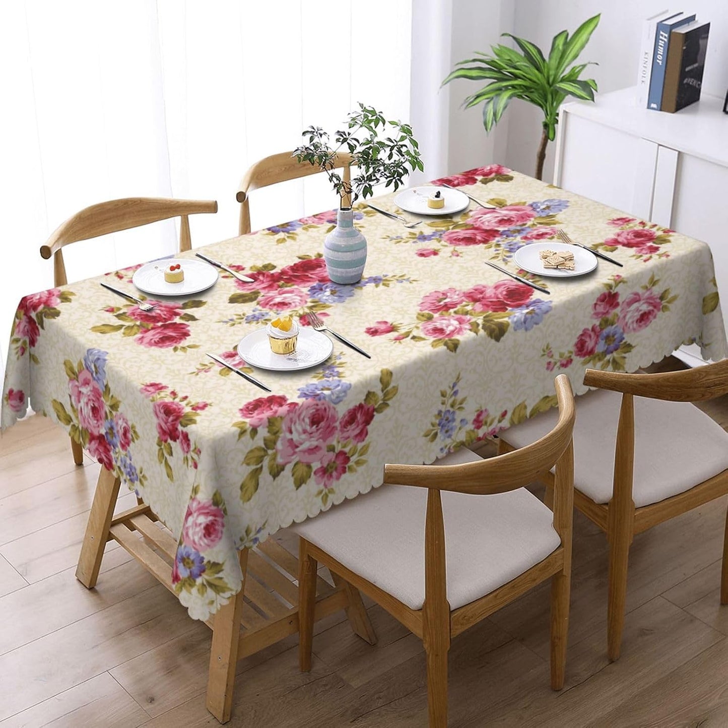 Rose Pattern Tablecloth 54x72 Inches, Pink Floral Rectangular Polyester Table Cover with Wave Lace, Washable Dining Table Cloth for Kitchen, Party, Outdoor