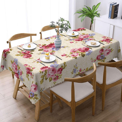 Rose Pattern Tablecloth 54x72 Inches, Pink Floral Rectangular Polyester Table Cover with Wave Lace, Washable Dining Table Cloth for Kitchen, Party, Outdoor