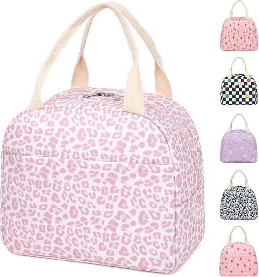 Lunch Bag for Women Girls Insulated Reusable Lunch Tote with Handle, Lightweight Water-Resistant Polyester Lunch Box Cooler-Leopard Pink