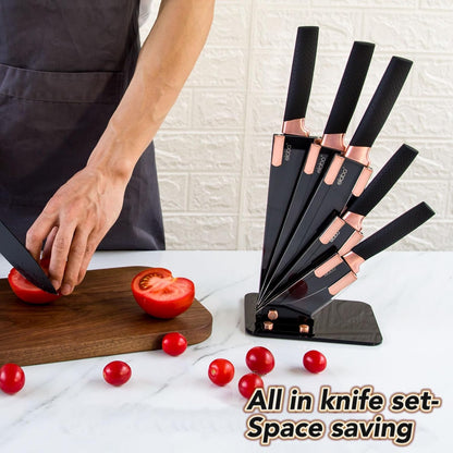 elabo 6 Piece Kitchen Knife Set – Premium Stainless Steel Knife Set with Block, Knives Set for Kitchen, Sharp Knife Block Set with Non-Stick Coating, Dishwasher Safe, Space-saving, Rose Gold