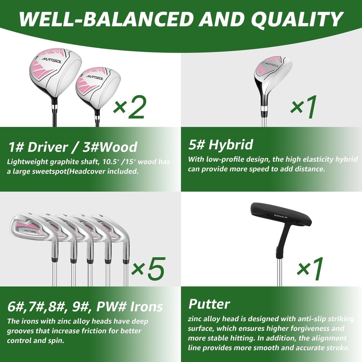 XDriveMax 10 Pieces Complete Mens Womens Golf Clubs Set Right Hand for Men Women Includes Stand Bag with Rain Hood, 1#Driver 3#Wood #5 Hybrid,with 3 Head Covers, 6# 7# 8# 9# PW# Irons and Putter