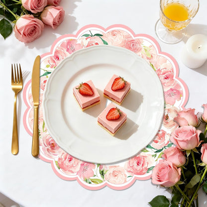 50 Pack Paper Placemats Disposable Pink Rose Floral Wedding Disposable Placemats Round Place Mats Spring Summer Table Mats for Birthday Wedding Anniversary Bride Party Supplies 13.7 Inch