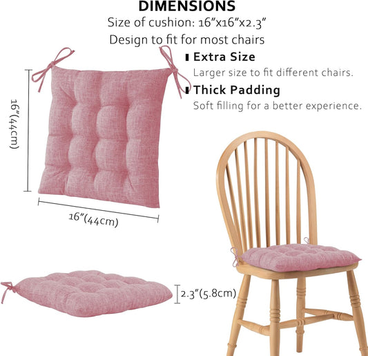 ELFJOY 4 Pack Chair Cushions for Dining Chairs Chair Pads Cushion for Kitchen Office Tufted Textured Square Seat Cushion with Ties (16" Light Pink)
