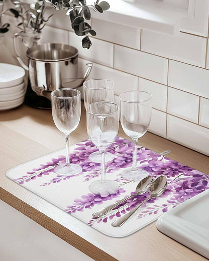 Dish Drying Mat 2 Pack 18" x 24" Wisteria Floral Absorbent Drying Mat for Kitchen Counter Light Pink Leaf Dish Drying Pad for Dishes Cups and Glassware Coffee Bar Accessories