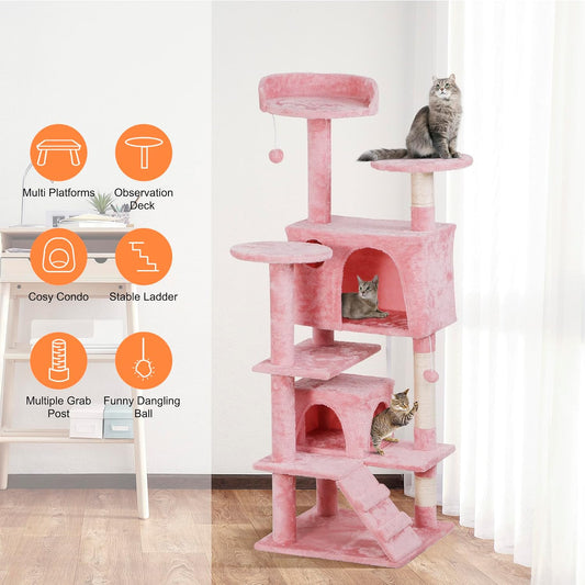 52” Multi-Level Cat Tree Condo Furniture Kitten Activity Play House Bed Pet Kitty Climbing Tower with Scratching Posts/Plush Perch/Scratcher Ladder/Tunnel for Cats,Kittens,Pets (Pink)