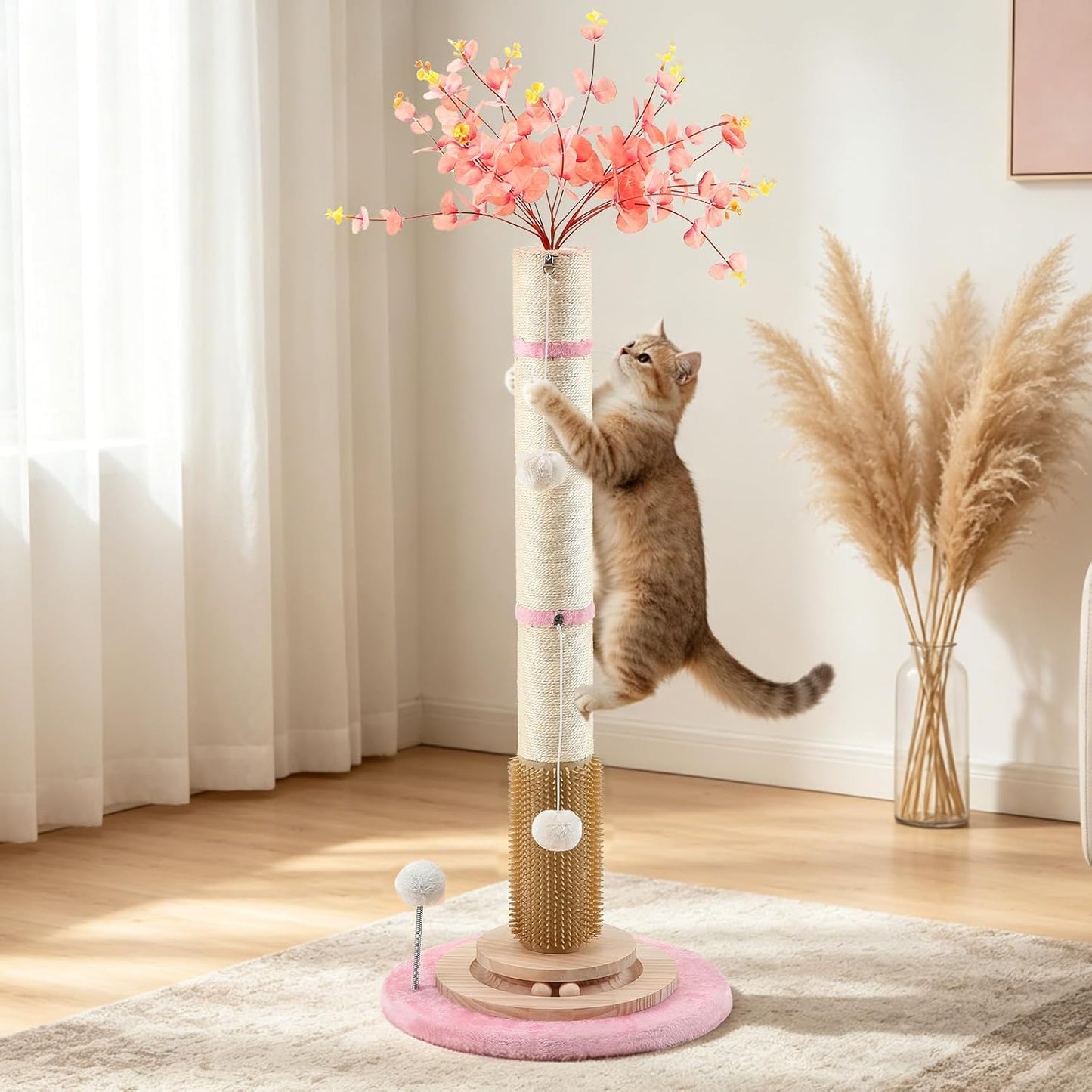 45'' Tall Cat Scratching Post Tree,Heavy Duty for Indoor Large 3.5Inch Diameter Natural Sisal Rope Post,Stable Real Wood Base,Artificial Plant Design Scratcher with Interactive Ball Toy for Home Decor