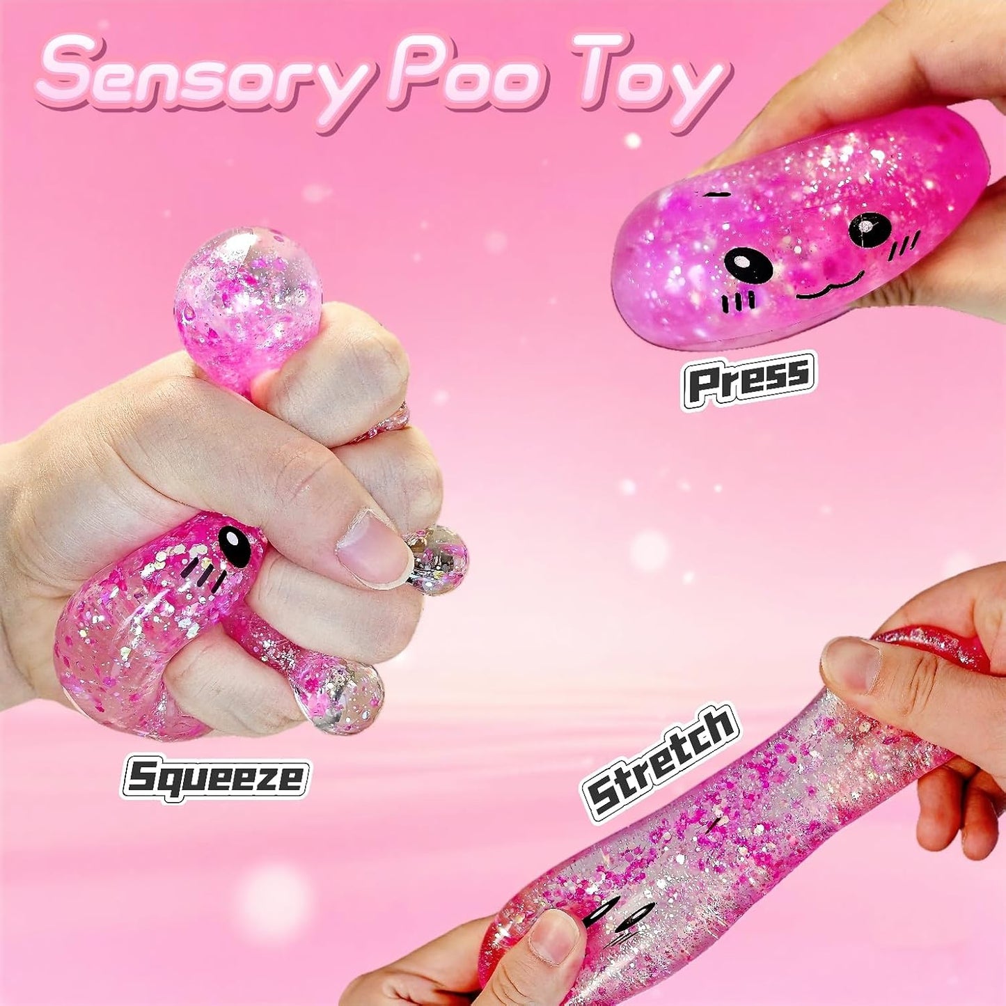 Novelty Squishy Poop Sugar Stress Ball Sensory Toys, Kawaii Poop Shape Squishies, Funny Squishy Poo Toy, Glitter Stress Balls for Kids and Adults, Prank Surprise, Gifts, Party Favors (Pink)