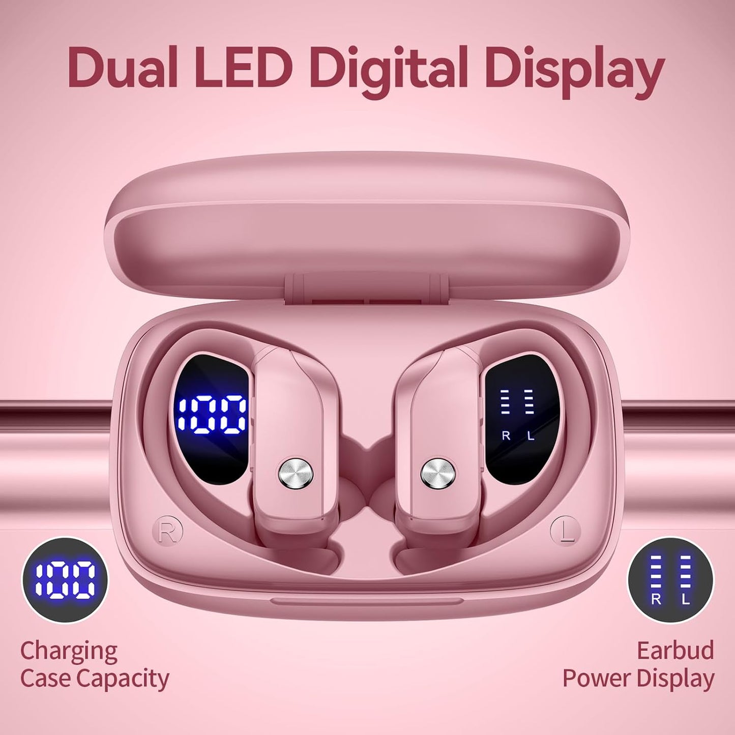 bmani Ear Buds Wireless Earbuds Bluetooth Headphones with 80H Playtime LED Display Case, Over-Ear Hook with Mic, Stereo Sound, Easy Button Controls, Sports Earphones for Running Workout Gym Pink