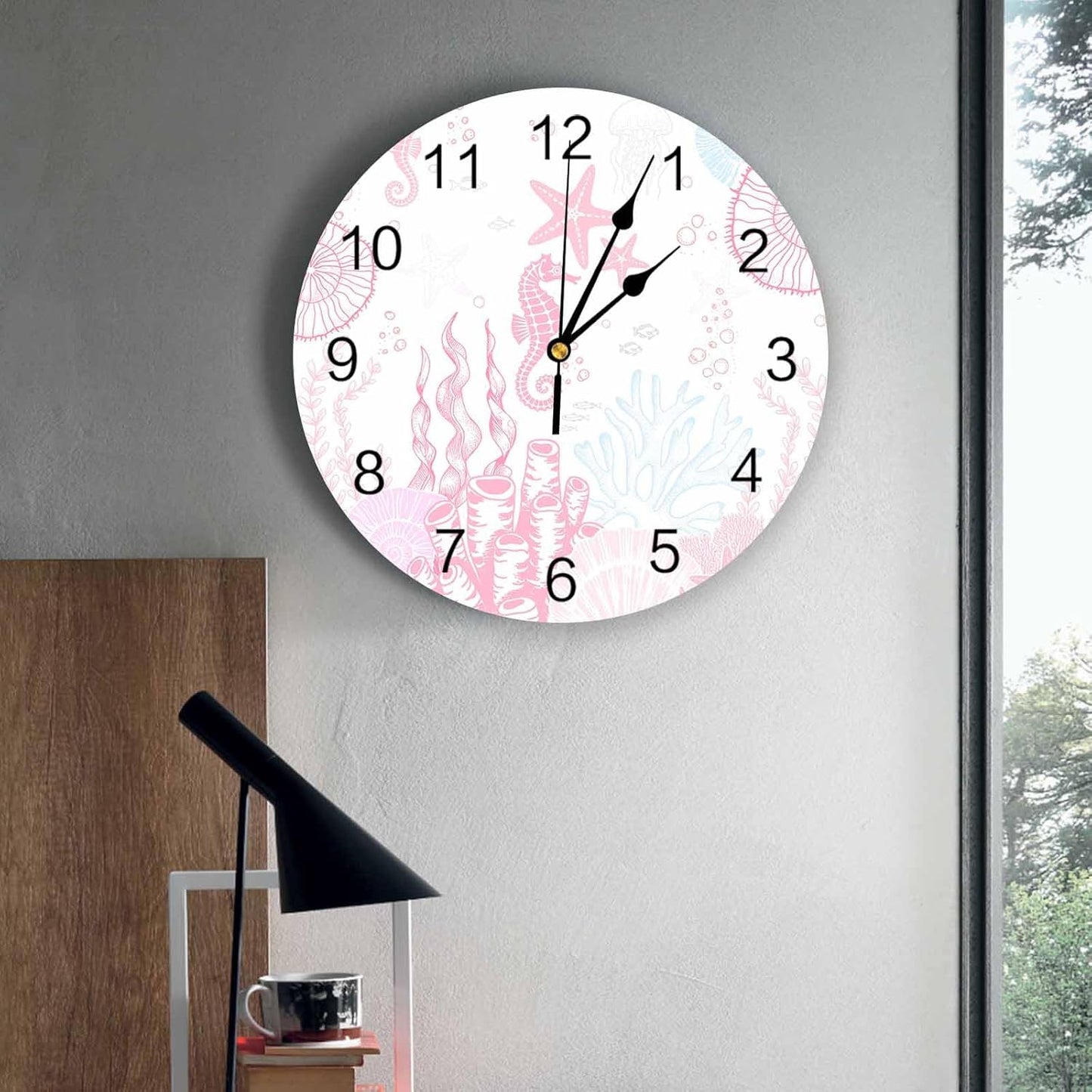 Wall Clock Pink Coral Clocks PVC Silent Non-Ticking Battery Operated Decorative Starfish Seahorse Seahorse Shell Round Clock for Home Living Room Kitchen Bedroom Office School Wall Decor 10 Inch