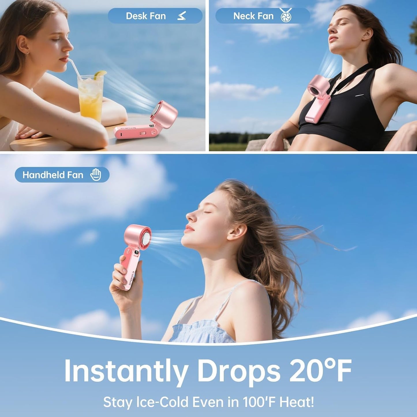Handheld Portable Fan with Ice Cooler: 199-Speed 5500mAh Rechargeable Handheld Fan, 12H Time Hand Cooling Personal Fans with 20000 RPM Air Turbo Tech for Travel Outdoor (Pink)