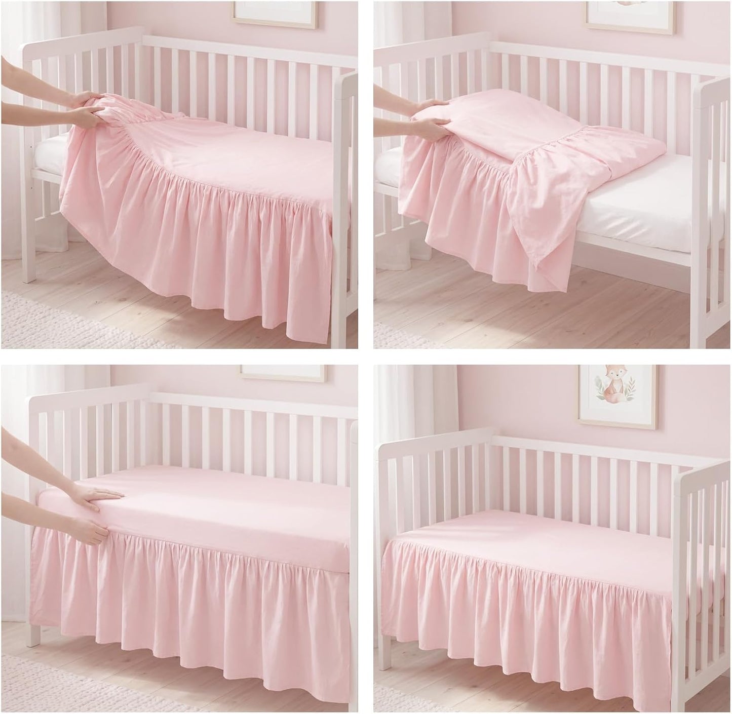 SmoothNovelty Pink Linen Shirred Crib Skirts for Girls Dust Ruffle Bed Skirts, Fits 28''x 52'' with 14" Drop Crib Bedding Skirt for Girls Boys Nursery Toddler