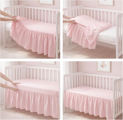 SmoothNovelty Pink Linen Shirred Crib Skirts for Girls Dust Ruffle Bed Skirts, Fits 28''x 52'' with 14" Drop Crib Bedding Skirt for Girls Boys Nursery Toddler