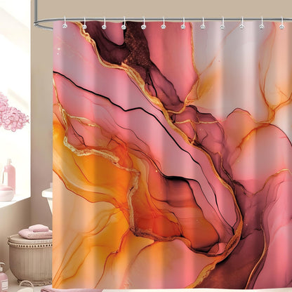 Moonslim Pink Gold Marble Shower Curtains, Orange Grey Abstract Marble Shower Curtain, Modern Fabric Bath Curtain for Bathroom Decor Waterproof Cloth with Hooks 72X72 Inch