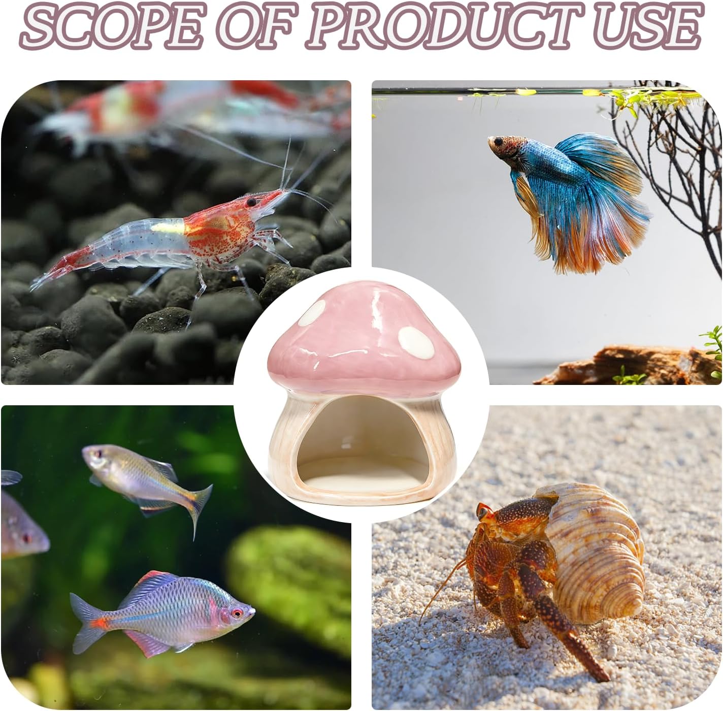 Betta Fish Tank Accessories, 4.33'' × 4.33'' Ceramic Mushroom House Aquarium Decor - Cute Pink Hideout Cave Ornament for Small Fish, Shrimp, Goldfish, Hamsters & Reptiles (Pink)