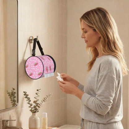 Oxford Cylinder Tissue Holder, Round Tissue Container Pink Strawberry Dots Pattern - 6.3''X6.3'' Portable Toilet Paper Roll Cover Tissue Box for Home Car Camping Office Travel
