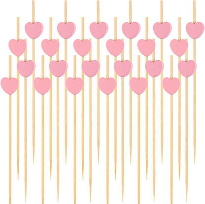 100 PCS Pink Heart Cocktail Picks, 4.7 Inch Fancy Toothpicks for Appetizers, Bamboo Cocktail Skewers Sticks for Wedding Birthday Valentines Day Decoration Party Supplies
