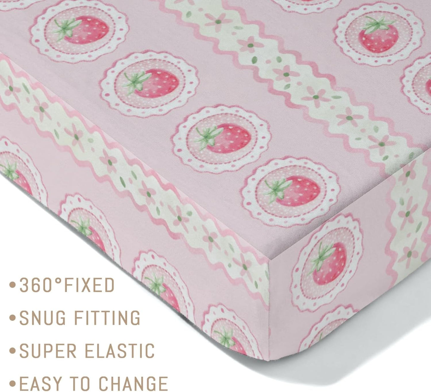 Pastel Strawberry Floral Baby Crib Sheets for Girls Pink Strawberries Stripes Soft Snug Fitted Crib Mattress Covers for 52''x28'' Standard Crib & Toddler Mattress Boho Summer Fruits Bed Sheets