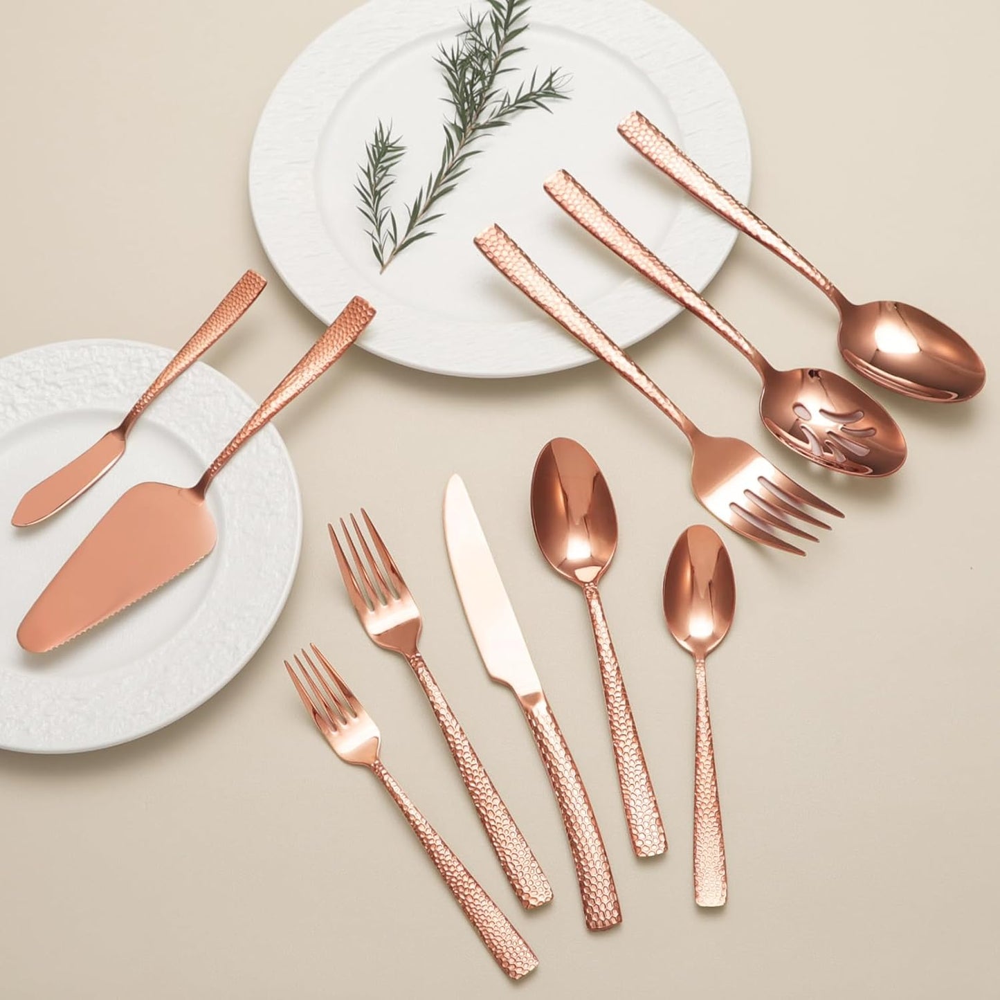 Large Hostess Serving Utensils Set, Stainless Steel Heavy Duty Hammered Serving spoons, Slotted Spoons, Serving Fork, Cake Server, Butter Knife, Dishwasher Safe（Rose Gold）