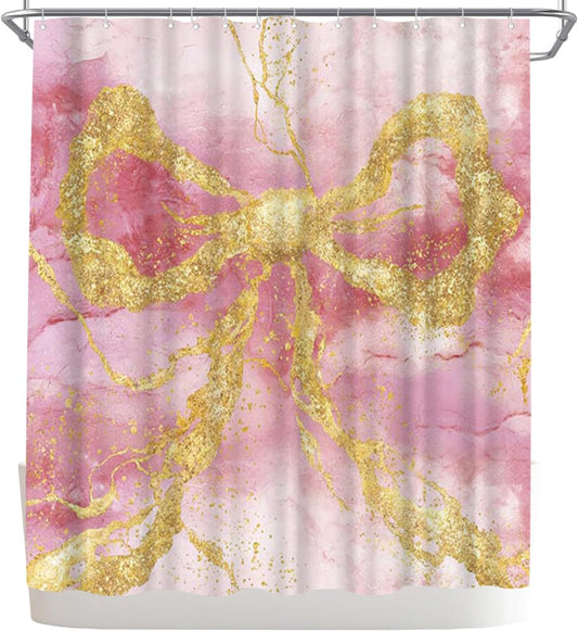 WELMECO Gold Bow Shower Curtain Modern Abstract Marble Shower Curtain 72x72inch Machine Washable Polyester Fabric with 12 Hooks Bathroom Decor (Pink)
