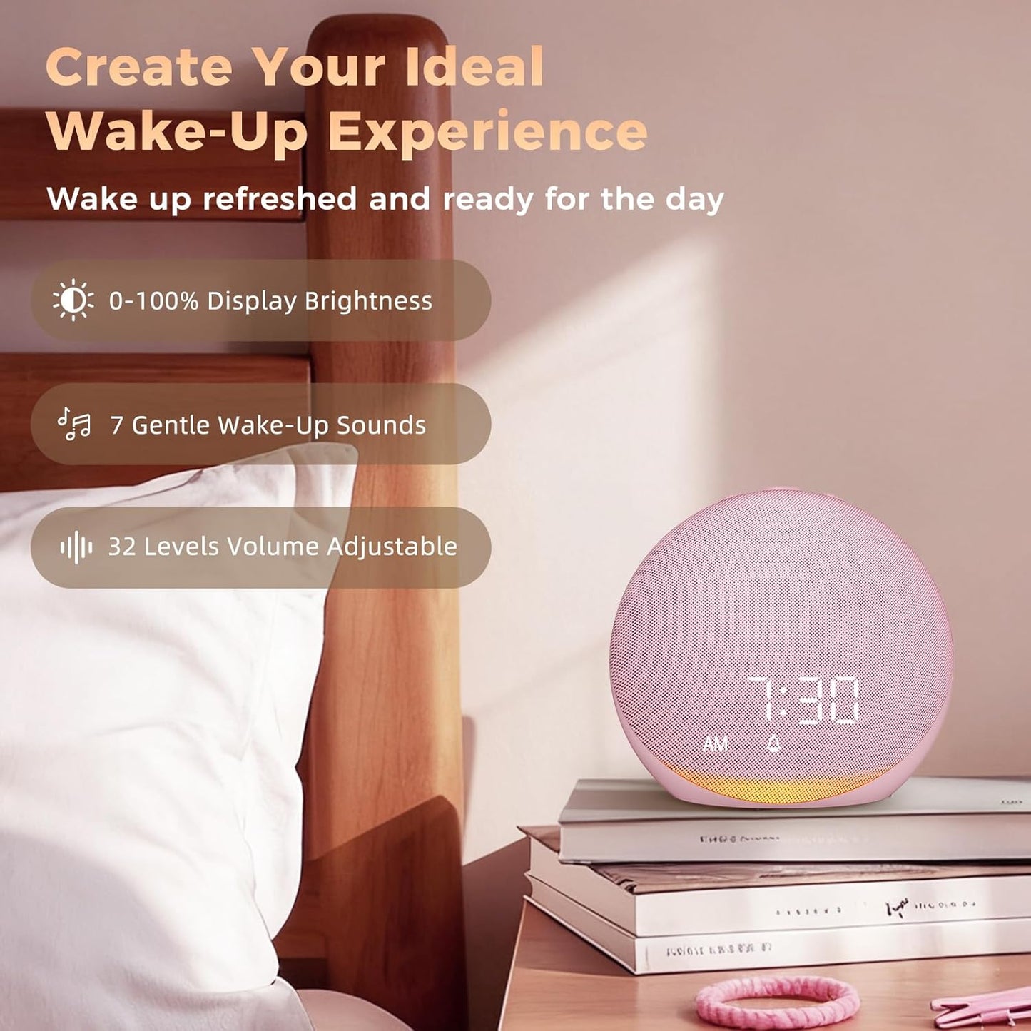 Acedeck Sound Machine Alarm Clock for Bedroom: 25 Natural Sleep Sounds - White Noise Machine for Adults Kids Baby - Gentle Wake Up Alarm with Bluetooth Speaker - Pink