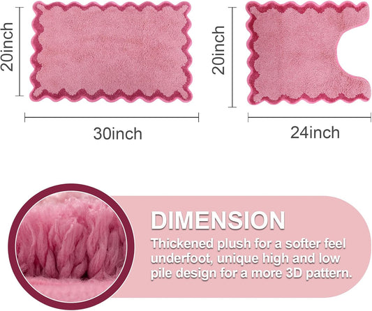 ORTIGIA Cute Scalloped Bathroom Rugs Set,Candy Pink Plush Microfiber Scallop Bath Mats Non Slip Washable Quick Dry Absorbent Rug Carpet for Sink Laundry Room Bedroom,20" x 30" + U Shape 20" x 24"