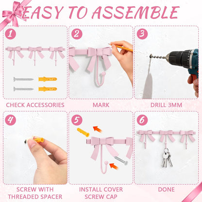 Pink Bow Hooks Gold Bow Wall Hook, 3 Bow Knot Coat Hooks Metal Bowknot Towel Hooks Door Hanger Holder for Wedding Bathroom Bags Coats Hats Coffee Mugs Room Kitchen Decor (Pink-BB)