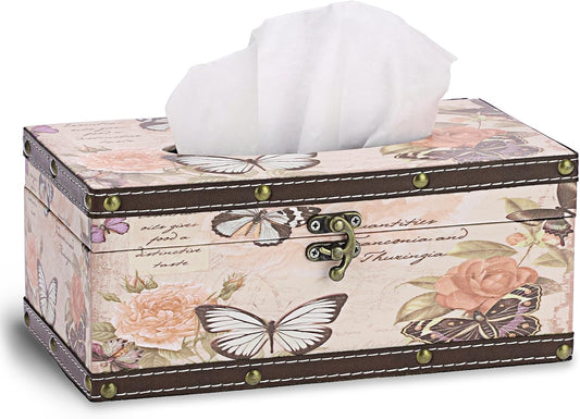 Vintage Tissue Box Cover, Wood Rectangular Tissue Box Holder, Decorative Butterflies Faux Leather Tissue Holders for Table Bathroom Living Room Kitchen Office Car Home Decor, Distressed Pink