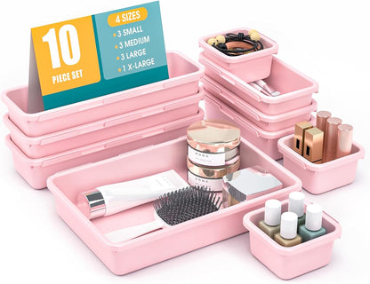 10 PCS Drawer Organizer Set, 4 Size Makeup Drawer Divider Organizer With Non-Slip Pads, Interlocking Plastic Storage Bins for Office,Jewelry Vanity,Gadgets, Bathroom,Kitchen, Pink