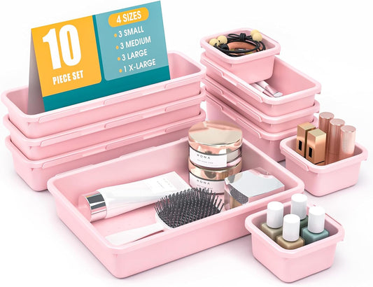 10 PCS Drawer Organizer Set, 4 Size Makeup Drawer Divider Organizer With Non-Slip Pads, Interlocking Plastic Storage Bins for Office,Jewelry Vanity,Gadgets, Bathroom,Kitchen, Pink
