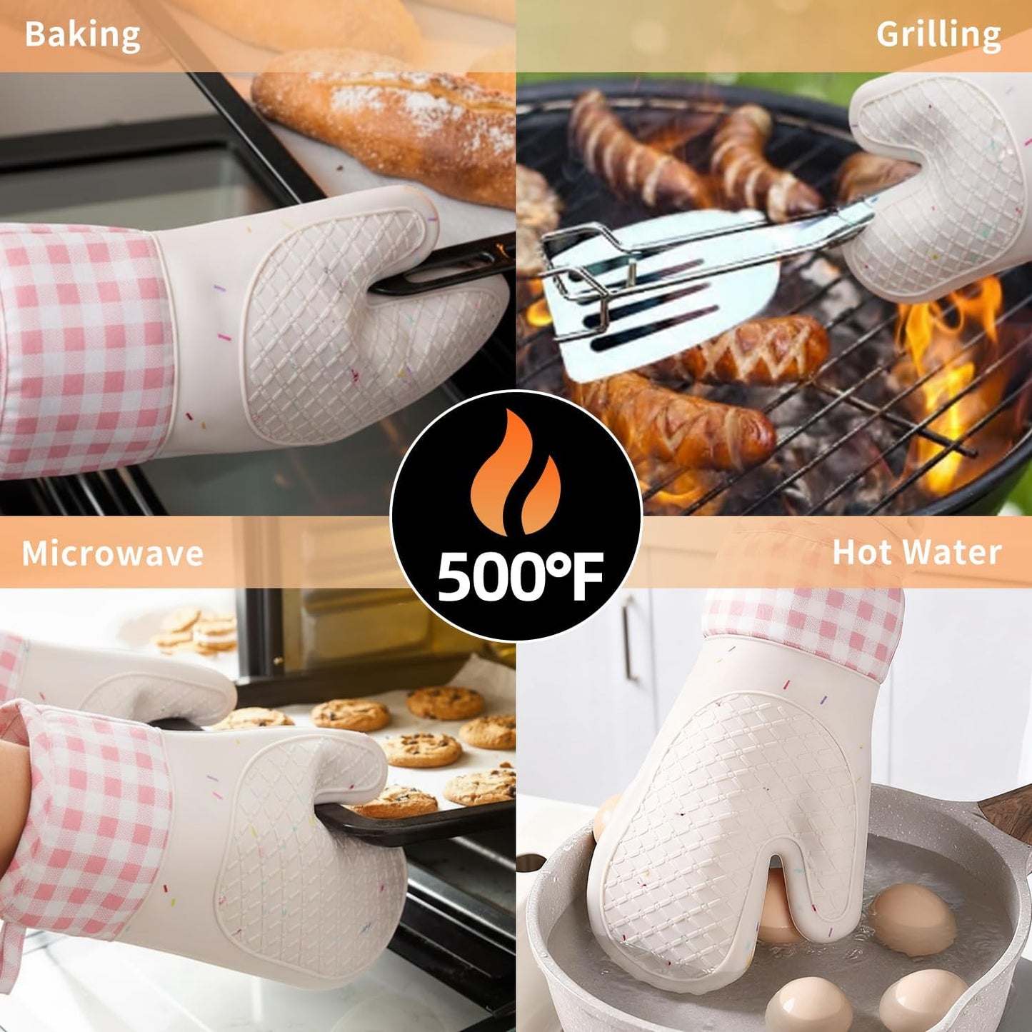 Silicone Oven Mitts, 2PCS Heat Resistant 500°F Oven Gloves with Cotton Lining, Non-Slip Kitchen Mitts for Cooking, Baking, Microwave, Air Fryer, BBQ - Waterproof Pot Holders(Pink)